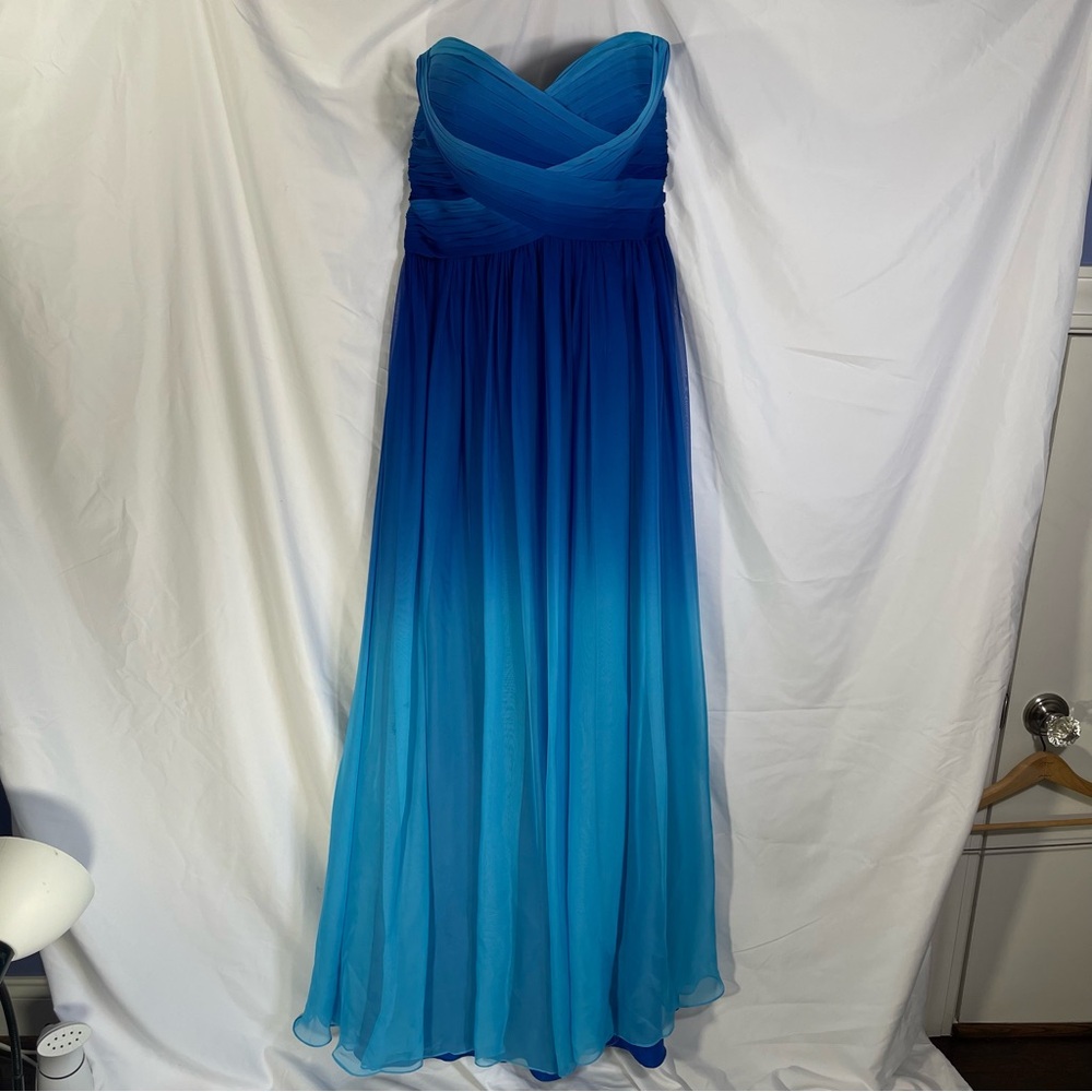 La Femme Strapless Ombré Royal Blue Chiffon Gown
